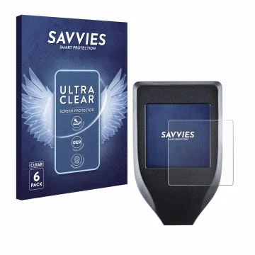 Vorderseite einer Produktverpackung mit dem Markenlogo Savvies. Daneben ist das Gerät Trezor Model T mit dem zugehörigen Displ