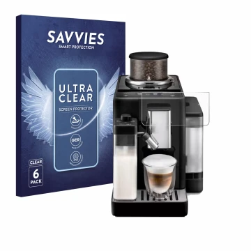 Vorderseite einer Produktverpackung mit dem Markenlogo Savvies. Daneben ist das Gerät DeLonghi Rivelia mit dem zugehörigen Dis
