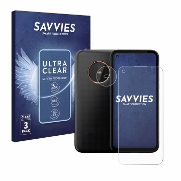 Vorderseite einer Produktverpackung mit dem Markenlogo Savvies. Daneben ist das Gerät Gigaset GX6 Pro (Display+Kamera) mit dem