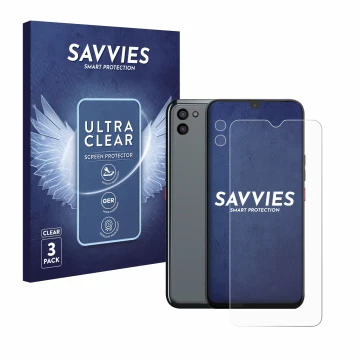 Vorderseite einer Produktverpackung mit dem Markenlogo Savvies. Daneben ist das Gerät Gigaset GS5 PRO SE (Display+Kamera) mit 