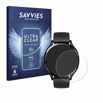 Vorderseite einer Produktverpackung mit dem Markenlogo Savvies. Daneben ist das Gerät Xiaomi Watch 2 mit dem zugehörigen Displ