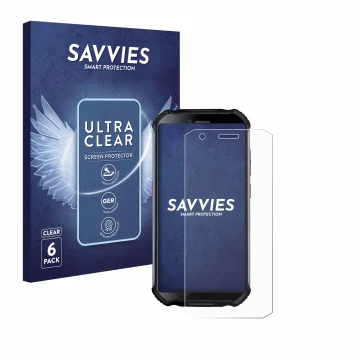 Vorderseite einer Produktverpackung mit dem Markenlogo Savvies. Daneben ist das Gerät Doogee S41 Plus mit dem zugehörigen Disp