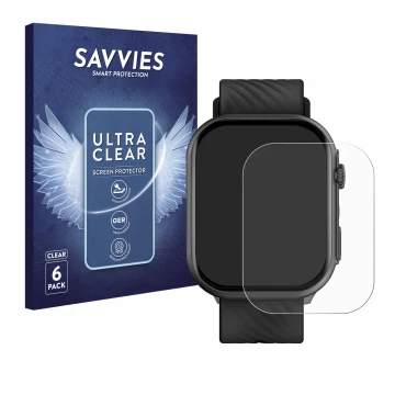Vorderseite einer Produktverpackung mit dem Markenlogo Savvies. Daneben ist das Gerät Yuede Smartwatch 2