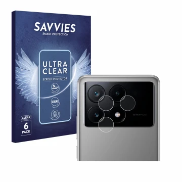 Vorderseite einer Produktverpackung mit dem Markenlogo Savvies. Daneben ist das Gerät Xiaomi Poco X6 Pro (NUR Kameraschutz) mi