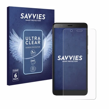 Vorderseite einer Produktverpackung mit dem Markenlogo Savvies. Daneben ist das Gerät ZTE Blade A32 mit dem zugehörigen Displa