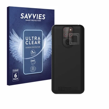Vorderseite einer Produktverpackung mit dem Markenlogo Savvies. Daneben ist das Gerät Emporia Smart 5 Mini (NUR Kameraschutz) 