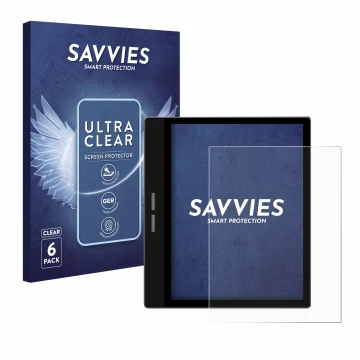 Vorderseite einer Produktverpackung mit dem Markenlogo Savvies. Daneben ist das Gerät Bigme B751C mit dem zugehörigen Displays