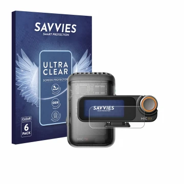 Vorderseite einer Produktverpackung mit dem Markenlogo Savvies. Daneben ist das Gerät DJI Mic 2 (Receiver) mit dem zugehörigen