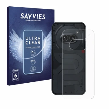 Vorderseite einer Produktverpackung mit dem Markenlogo Savvies. Daneben ist das Gerät Nothing Phone (2a) (Rückseite) mit dem z