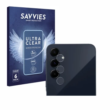Vorderseite einer Produktverpackung mit dem Markenlogo Savvies. Daneben ist das Gerät Samsung Galaxy A55 5G (NUR Kameraschutz)