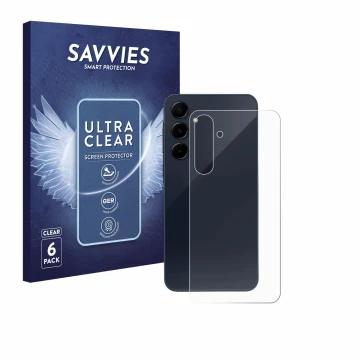 Vorderseite einer Produktverpackung mit dem Markenlogo Savvies. Daneben ist das Gerät Samsung Galaxy A55 5G (Rückseite) mit de