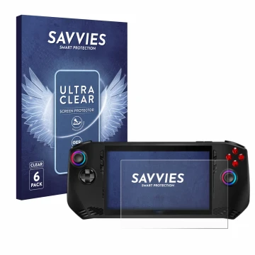 Vorderseite einer Produktverpackung mit dem Markenlogo Savvies. Daneben ist das Gerät MSI Claw A1M mit dem zugehörigen Display