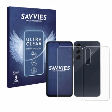 Vorderseite einer Produktverpackung mit dem Markenlogo Savvies. Daneben ist das Gerät Samsung Galaxy A35 5G (Display+Rückseite