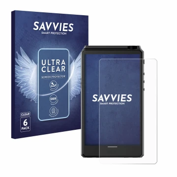 Vorderseite einer Produktverpackung mit dem Markenlogo Savvies. Daneben ist das Gerät Hiby R6 III mit dem zugehörigen Displays