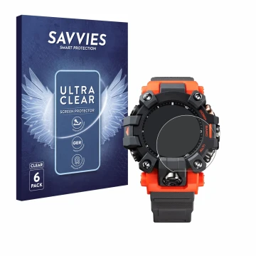 Vorderseite einer Produktverpackung mit dem Markenlogo Savvies. Daneben ist das Gerät Casio G-Shock GW-9500 mit dem zugehörige