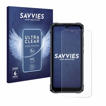 Vorderseite einer Produktverpackung mit dem Markenlogo Savvies. Daneben ist das Gerät Hotwav W11 mit dem zugehörigen Displaysc