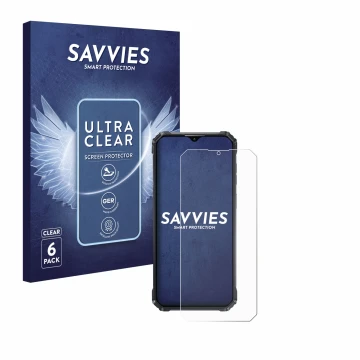 Vorderseite einer Produktverpackung mit dem Markenlogo Savvies. Daneben ist das Gerät Oukitel WP36 mit dem zugehörigen Display