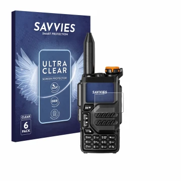 Vorderseite einer Produktverpackung mit dem Markenlogo Savvies. Daneben ist das Gerät Quansheng UV-K5 mit dem zugehörigen Disp