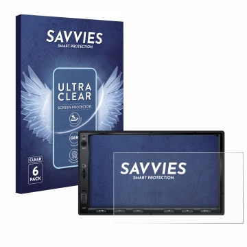 Vorderseite einer Produktverpackung mit dem Markenlogo Savvies. Daneben ist das Gerät Atoto F7 WE mit dem zugehörigen Displays