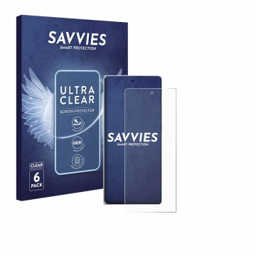 Vorderseite einer Produktverpackung mit dem Markenlogo Savvies. Daneben ist das Gerät Vivo X Fold3 mit dem zugehörigen Display