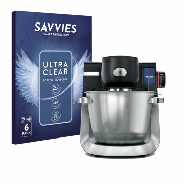 Vorderseite einer Produktverpackung mit dem Markenlogo Savvies. Daneben ist das Gerät Bosch MUM Serie 6 mit dem zugehörigen Di