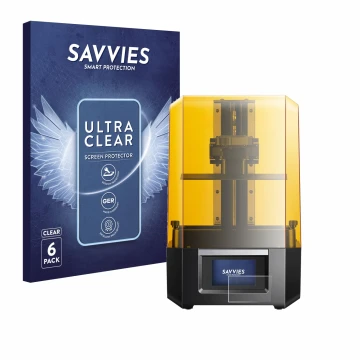 Vorderseite einer Produktverpackung mit dem Markenlogo Savvies. Daneben ist das Gerät Anycubic Photon Mono M5s mit dem zugehör