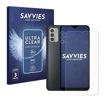 Vorderseite einer Produktverpackung mit dem Markenlogo Savvies. Daneben ist das Gerät Nokia G42 5G (Display+Kamera) mit dem zu