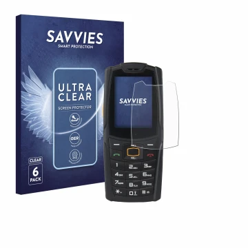 Vorderseite einer Produktverpackung mit dem Markenlogo Savvies. Daneben ist das Gerät AGM M6 mit dem zugehörigen Displayschutz