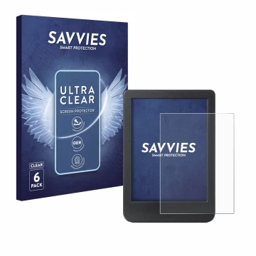 Vorderseite einer Produktverpackung mit dem Markenlogo Savvies. Daneben ist das Gerät Kobo Clara BW mit dem zugehörigen Displa