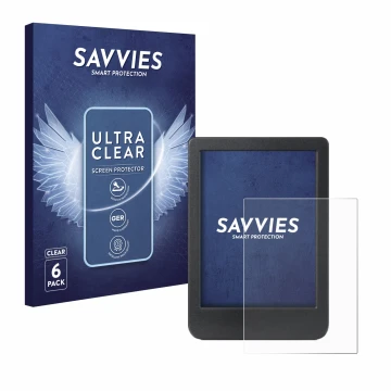 Vorderseite einer Produktverpackung mit dem Markenlogo Savvies. Daneben ist das Gerät Kobo Clara Colour mit dem zugehörigen Di