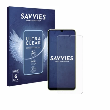 Vorderseite einer Produktverpackung mit dem Markenlogo Savvies. Daneben ist das Gerät Samsung Galaxy A05 mit dem zugehörigen D