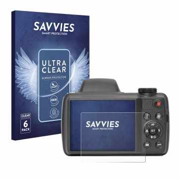 Vorderseite einer Produktverpackung mit dem Markenlogo Savvies. Daneben ist das Gerät Kodak Pixpro AZ528 mit dem zugehörigen D