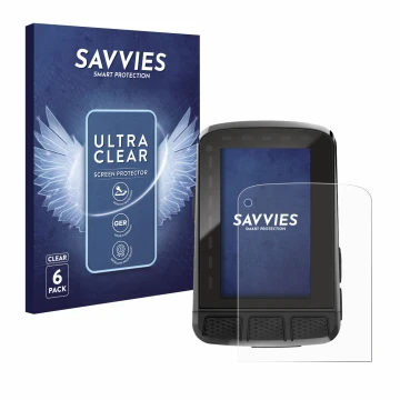 Vorderseite einer Produktverpackung mit dem Markenlogo Savvies. Daneben ist das Gerät Wahoo Elemnt Roam V2 GPS mit dem zugehör