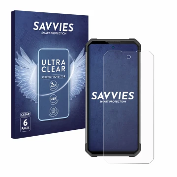 Vorderseite einer Produktverpackung mit dem Markenlogo Savvies. Daneben ist das Gerät Oukitel WP27 mit dem zugehörigen Display