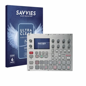 Vorderseite einer Produktverpackung mit dem Markenlogo Savvies. Daneben ist das Gerät Elektron Syntakt E25 Remix Edition mit d