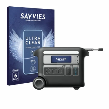 Vorderseite einer Produktverpackung mit dem Markenlogo Savvies. Daneben ist das Gerät Anker SOLIX F2000 mit dem zugehörigen Di