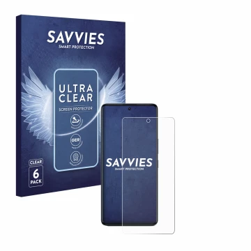 Vorderseite einer Produktverpackung mit dem Markenlogo Savvies. Daneben ist das Gerät Infinix GT 20 Pro mit dem zugehörigen Di