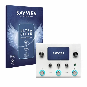 Vorderseite einer Produktverpackung mit dem Markenlogo Savvies. Daneben ist das Gerät Hotone Ampero II Stomp mit dem zugehörig
