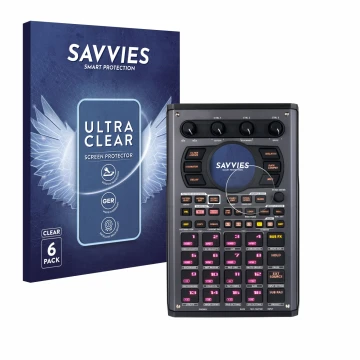 Vorderseite einer Produktverpackung mit dem Markenlogo Savvies. Daneben ist das Gerät Roland SP-404MKII mit dem zugehörigen Di