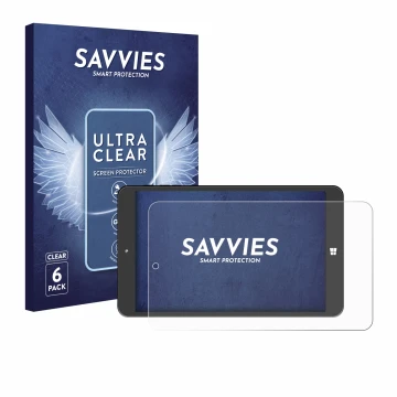 Vorderseite einer Produktverpackung mit dem Markenlogo Savvies. Daneben ist das Gerät SZTPS Tablet 8