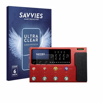 Vorderseite einer Produktverpackung mit dem Markenlogo Savvies. Daneben ist das Gerät Valeton GP-200R mit dem zugehörigen Disp