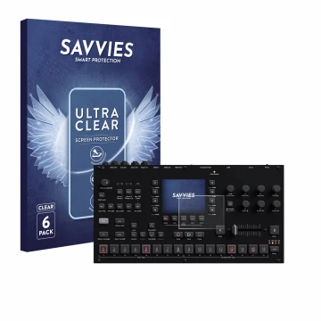 Vorderseite einer Produktverpackung mit dem Markenlogo Savvies. Daneben ist das Gerät Elektron Octatrack MKII mit dem zugehöri