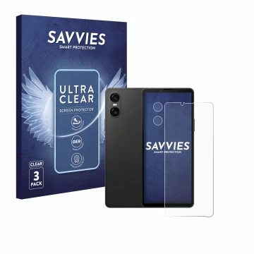 Vorderseite einer Produktverpackung mit dem Markenlogo Savvies. Daneben ist das Gerät Sony Xperia 10 VI (Display+Kamera) mit d