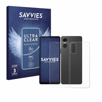 Vorderseite einer Produktverpackung mit dem Markenlogo Savvies. Daneben ist das Gerät Sony Xperia 10 VI (Display+Rückseite) mi