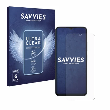 Vorderseite einer Produktverpackung mit dem Markenlogo Savvies. Daneben ist das Gerät Wiko T20 mit dem zugehörigen Displayschu
