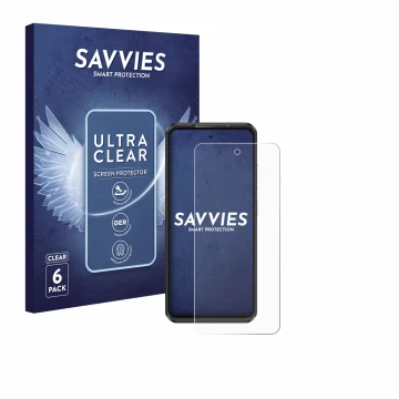 Vorderseite einer Produktverpackung mit dem Markenlogo Savvies. Daneben ist das Gerät Ulefone Armor 25T Pro mit dem zugehörige