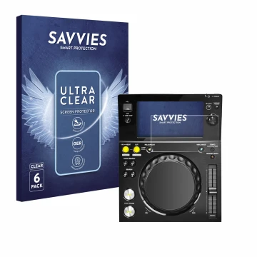 Vorderseite einer Produktverpackung mit dem Markenlogo Savvies. Daneben ist das Gerät Pioneer XDJ -700 mit dem zugehörigen Dis
