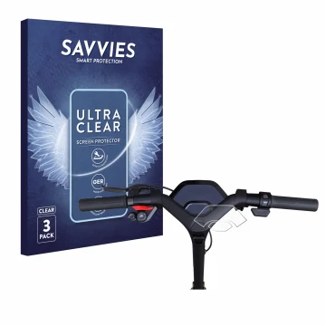 Vorderseite einer Produktverpackung mit dem Markenlogo Savvies. Daneben ist das Gerät Segway Ninebot P65D mit dem zugehörigen 