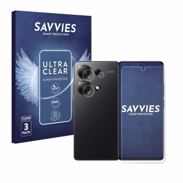 Vorderseite einer Produktverpackung mit dem Markenlogo Savvies. Daneben ist das Gerät Xiaomi Redmi Note 13 Pro 4G (Display+Kam