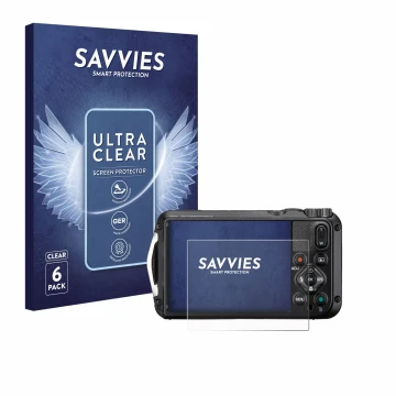 Vorderseite einer Produktverpackung mit dem Markenlogo Savvies. Daneben ist das Gerät Ricoh Pentax WG-8 mit dem zugehörigen Di